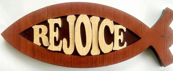 Rejoice Fish Shaped Wood Plaque